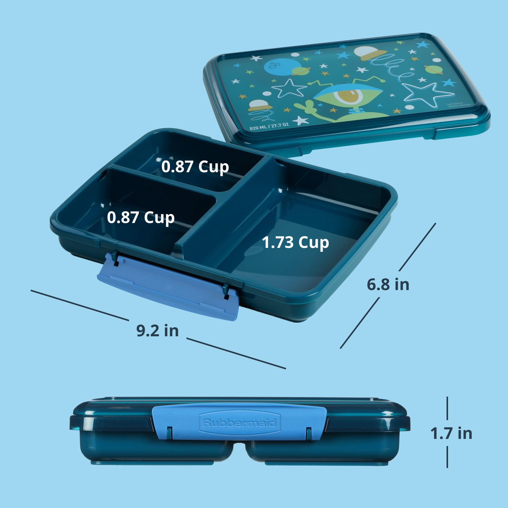 Rubbermaid Pack & Go Alien Laguna Blue 820 mL Large Divided Snack Container, Food Storage Containers, Plastic Containers for Food