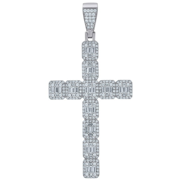 925 Sterling Silver Mens Baguette Round Cubic-Zirconia Cross Religious Charm Pendant