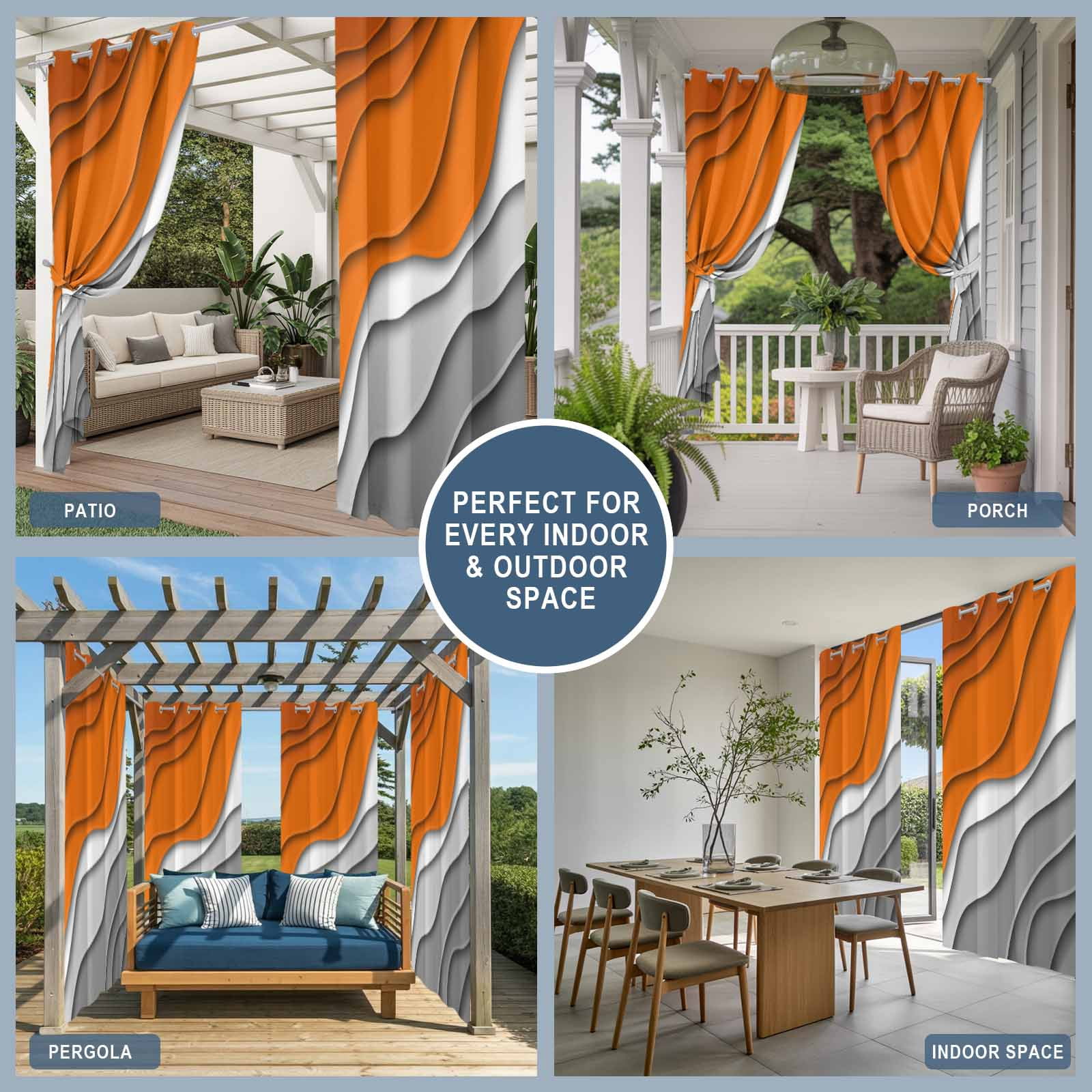 Orange Grey Ombre Outdoor Curtains for Patio Waterproof,Windproof Privacy Curtains with Weighted Bottom,Modern Geometric Abstract Aesthetics Cream Outside Drapes for Picnic Garage 54"x84" 2 Panel