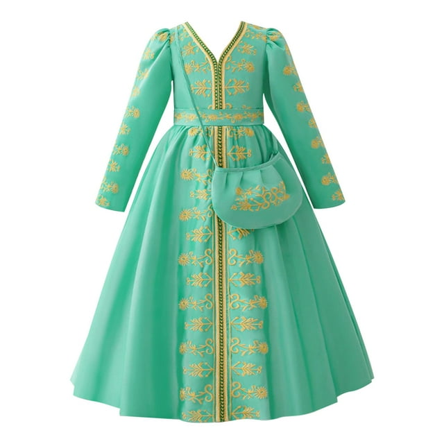 Icvfdpl Robe de Demoiselle d'Honneur Jupe Ample Brodée Robe à Manches Longues avec Sac Robe d'Été Verte Coton 5-6 Ans