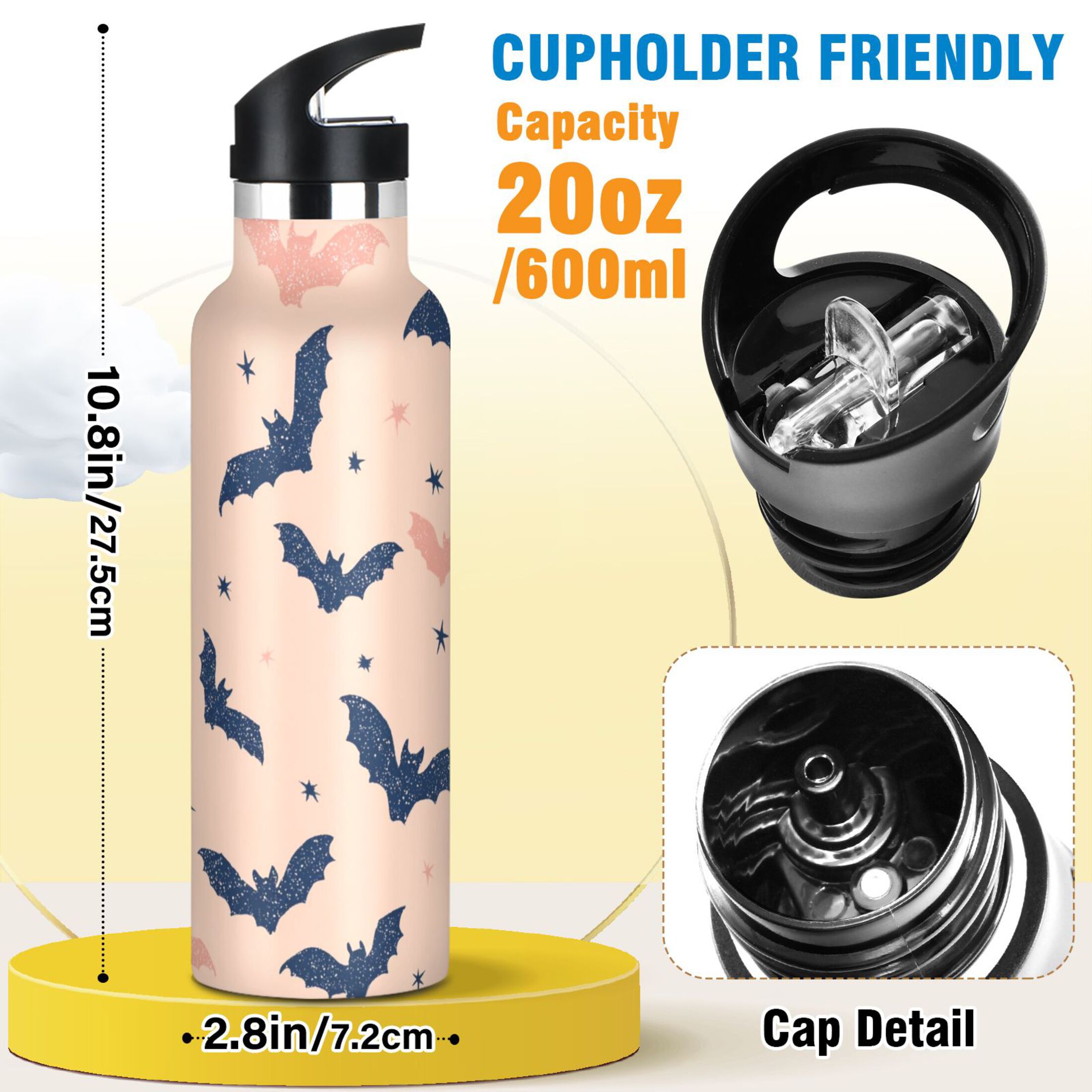 600ML Stainless Steel Insulated Cup Sports Water Bottle Portable Thermos Cup Water Glasses Insulated Tumblers Convenient and Durable Cartoon Black Bats