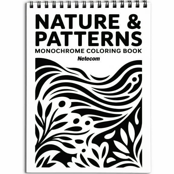 Nature & Patterns Monochrome Coloring Book Spiral Bound for Adult, Softcover, Relaxing One-Color Illustrations with Flowers, Waves and Mountain Scenes for Mindfulness, Stress Relief