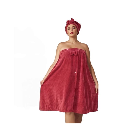 SEISSO Plus Size Absorbent Bath Wrap Skirt with Hair Drying Towel Set, Soft Coral Fleece Shower Wrap with Adjustable Closure, Quick Dry Bath Towel Dress for Bathroom Spa, Red Color