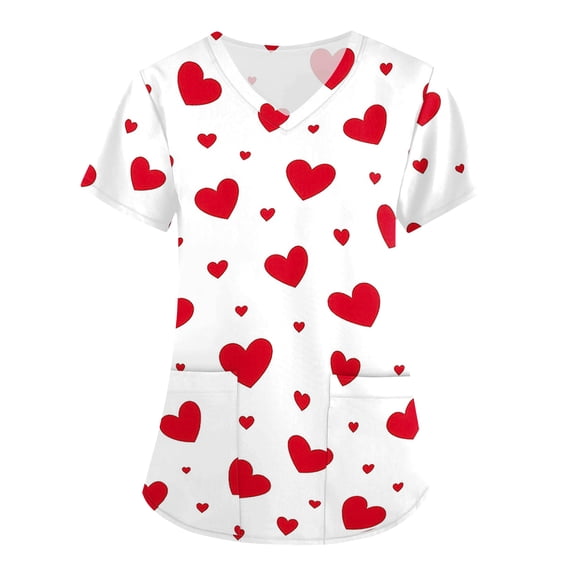 Womens Valentine Day Scrub Tops Love Heart Print Short Sleeve Plus Size Cute Scrub Tops Nursing V Neck Medical Scrubs with Pockets Hot Pink S