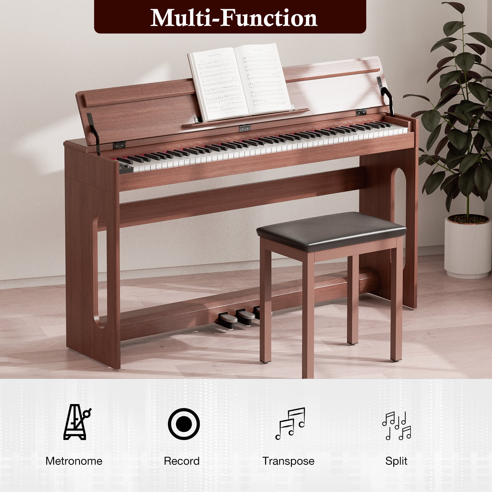 UMOMO 88 Key Digital Piano Keyboard, Full Size Electric Piano with Piano Stand, Headphone Jack, 3 Pedal, Electronic Piano for Beginner, Adults, Walnut