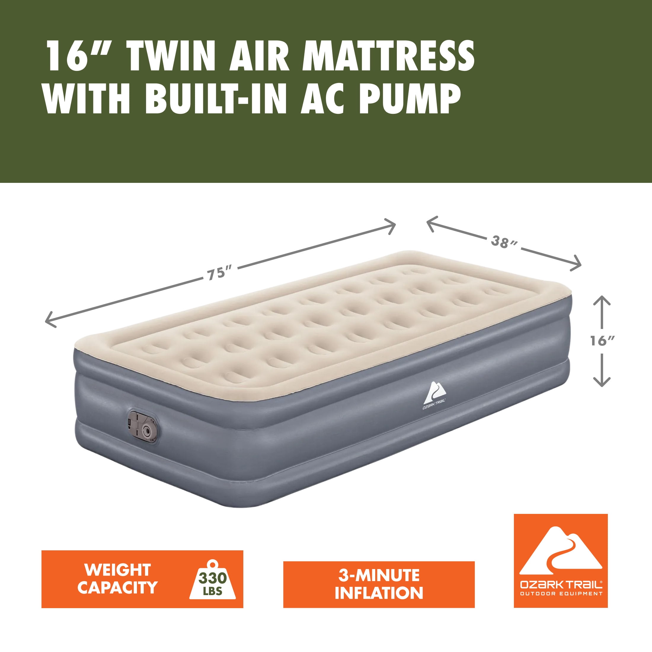 Ozark Trail 16" Twin Air Mattress with Built-In Electric Pump