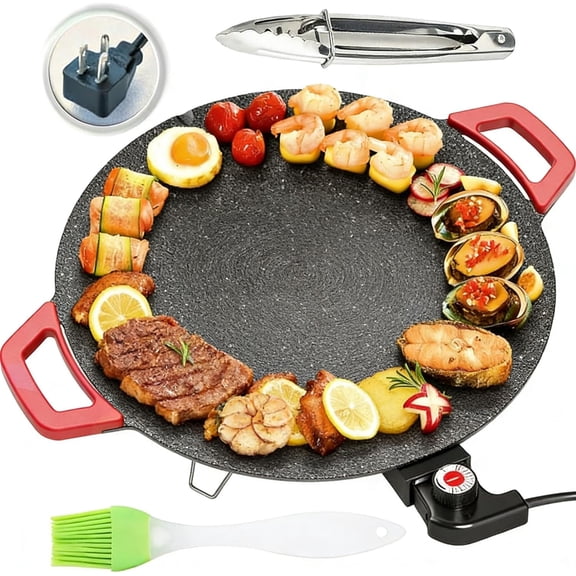 Electric Indoor Grill Nonstick Smokeless with Handle, 14 Inch Round Portable Electric Bbq Grill, Multi-functional Electric Griddle for Steaks, Burgers, Pancakes, Bbq and Everyday Indoor Cooking(Q