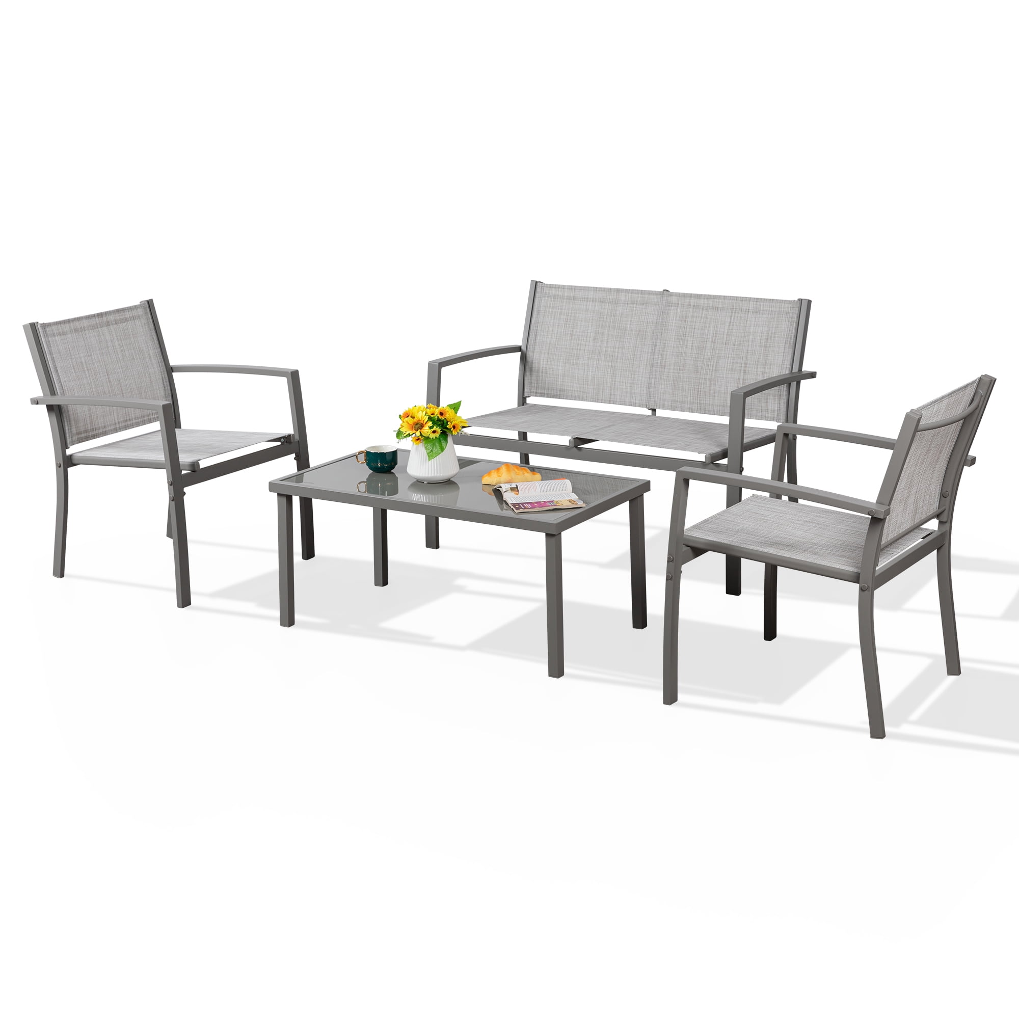 Walsunny 4 Pieces Outdoor Furniture Set All Weather Patio Textilene Steel Conversation Set, Patio Furniture Set Bistro Set with Loveseat ea Table for Lawn and Balcony, Silver