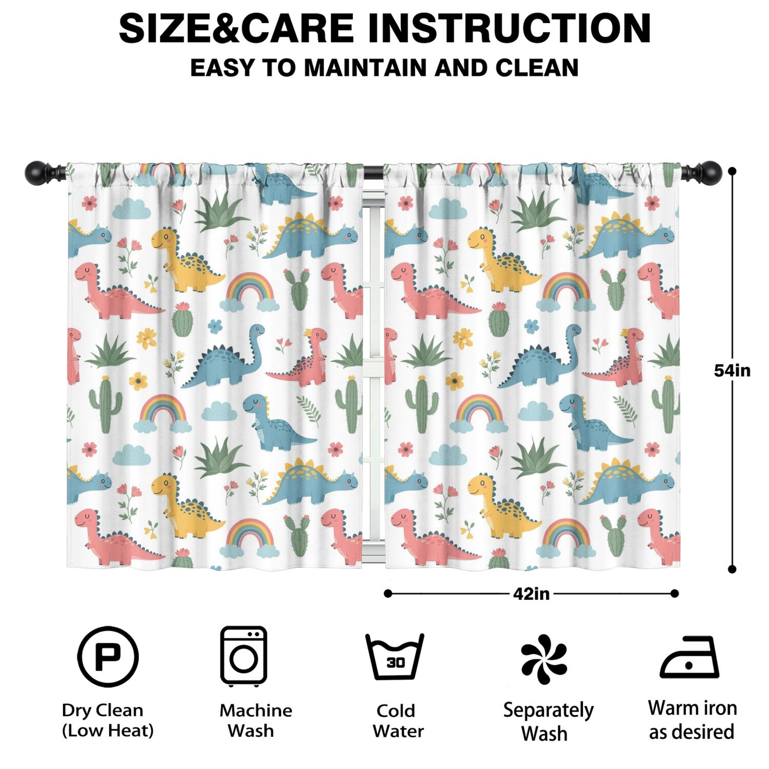 Blackout Kids Curtains,White Dinosaurs Rainbows Plants Pattern Childrens Insulated Curtains Set Of 2,Bedroom Essentials,Toddler Room Decor 42"x54"