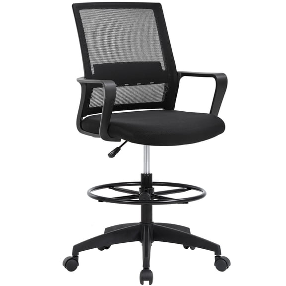 LiteHaven Drafting Chair Tall Office Chair Adjustable Swivel Rolling Mesh Height with Lumbar Support Arms Footrest Mid Back for Adults Standing Desk Drafting Stool Set of 1 black