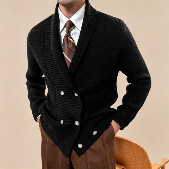 Mens Shawl Collar Cardigan Sweaters Knit Textured Sweater Button Down Cardigans Button Closure, Soft Thick, Fall Winter Stylish Outerwear(Black,XL)