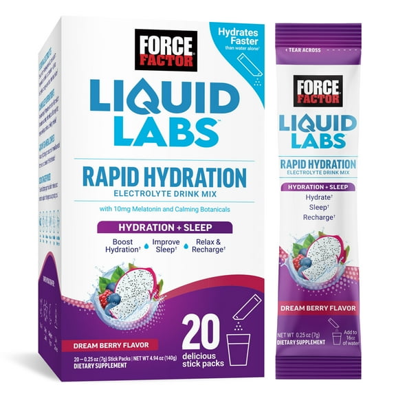 Force Factor Liquid Labs Sleep, Electrolytes Powder & Sleep Aid with Melatonin 10mg, 20 Stick Packs