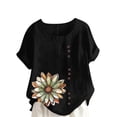 thumbnail image 3 of DDAPJ pyju Linen Shirts for Women Crew Neck Short Sleeve Floral Printed Tee Shirts Plus Size Casual Summer Tops Lightweight Going Out Blouse Lightning Sales Today Black S, 3 of 5