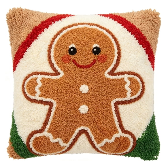 Latch Hook Pillow Kits for Adults, Gingerbread Man Pre-Printed Cushion Cover for Home Sofa Decoration 17x17 in