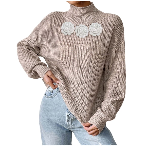Cavosen Sweater for Women Flower Knit High Neck Knit Sweater Solid Pullover Fall Dressy Warm Outfits