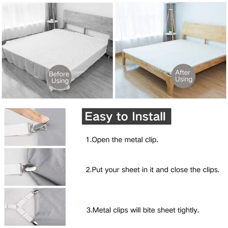 4 Pcs Elastic Adjustable Bed Sheet Holders - Mattress Sheets Grippers to Hold Sheets Together for Flat Sheets, Fitted Sheets