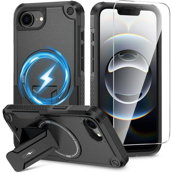 Dteck Magnetic for iPhone 16e Case with Screen Protector, Compatible with MagSafe, Heavy Duty Shockproof Rugged with Invisible Kickstand Protective Phone Cover for Apple iPhone 16e 6.1",Black