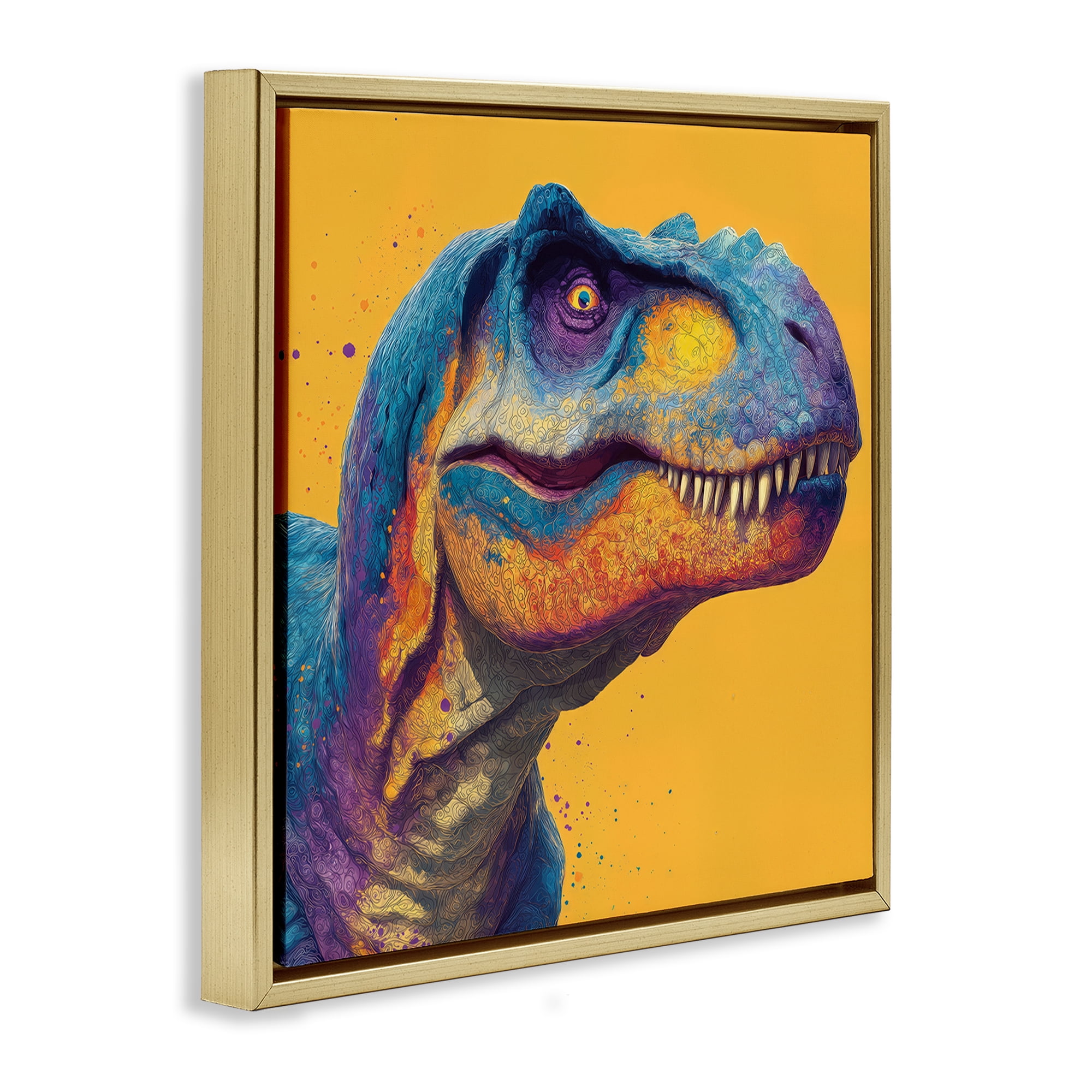 Stupell Industries Vibrant T-Rex Portrait Gold Framed Floater Canvas Wall Art, design by Wumples