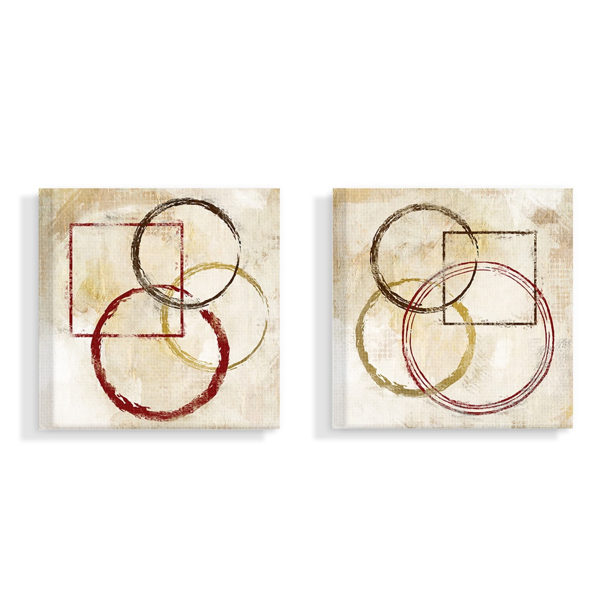 The Stupell Home Decor Collection Brown Tan and Red Circles And Squares Paint Strokes And Marks 2pc Stretched Canvas Wall Art Set, 17 x 1.5 x 17
