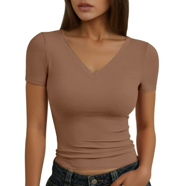 Camiseta de manga corta y cuello en V lisa para mujer, poliéster y spandex, estilo informal y sexy, tallas S-XL