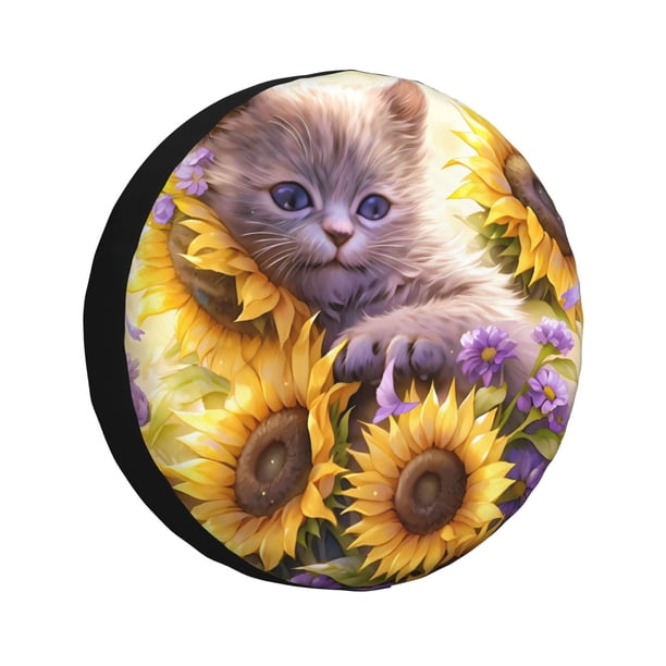 Balery Daisy Sunflower Lazy Cat Cubiertas para Neumáticos - Protector Resistente para Neumáticos de Camioneta, SUV, Remolque, Camper y RV-14 inch