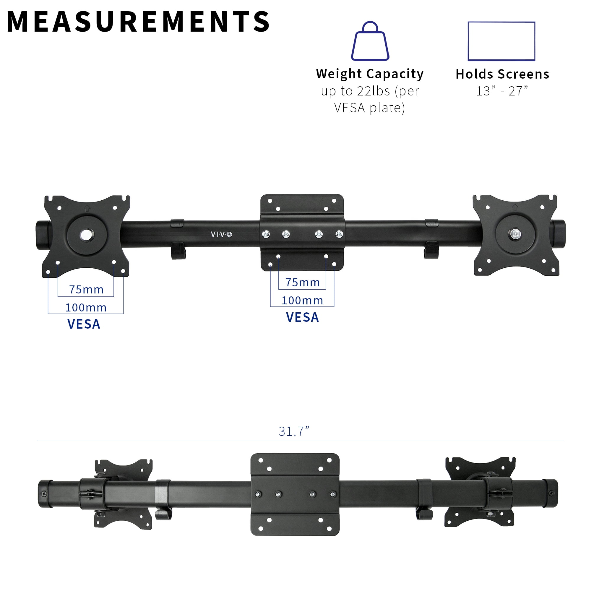 Dual VESA Bracket Adapter Horizontal Assembly Mount, 2 Monitor Screens up to 27"