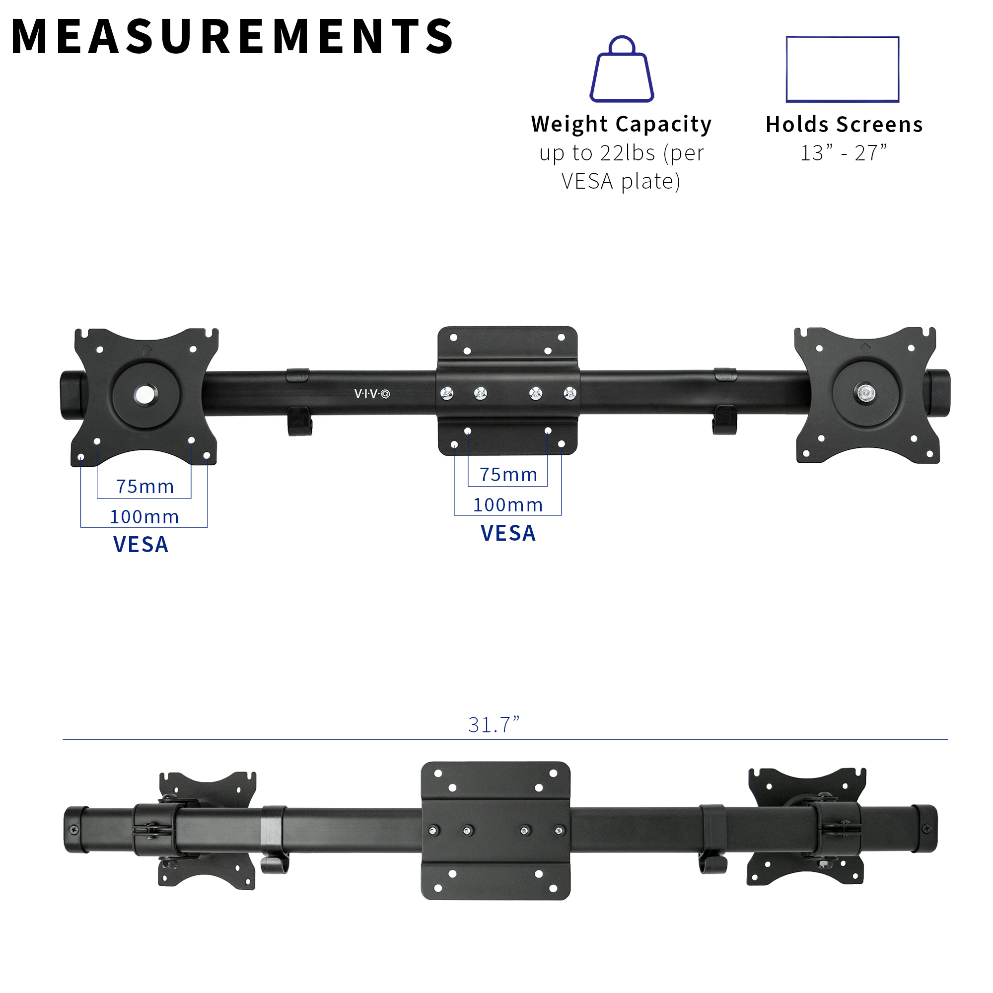 Dual VESA Bracket Adapter Horizontal Assembly Mount, Monitor Screens up  to 27