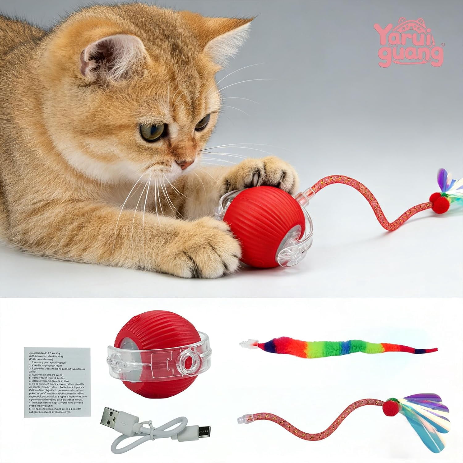 Speedy Tail 2.0 Cat Toy – 2 Replaceable Tails, Controllable Chirping, Motion Activated Rolling Ball, USB Rechargeable – Enrichment & Exercise for Bored Indoor Cats, Kittens (Red)