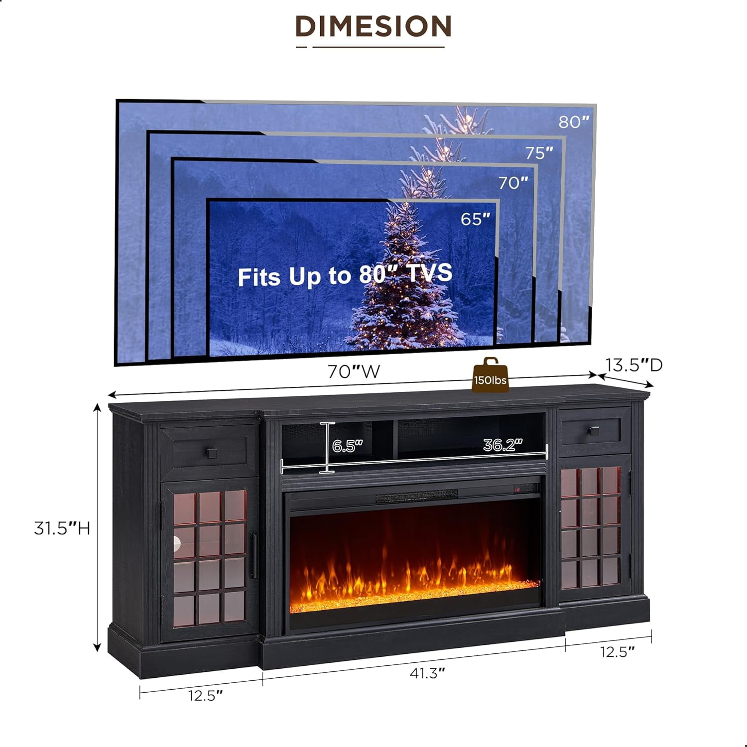 T4TREAM LED Fireplace TV Stand for TVs up to 80" , Farmhouse Entertainment Center with 36" Electric Fireplace and Storage Drawer, Black
