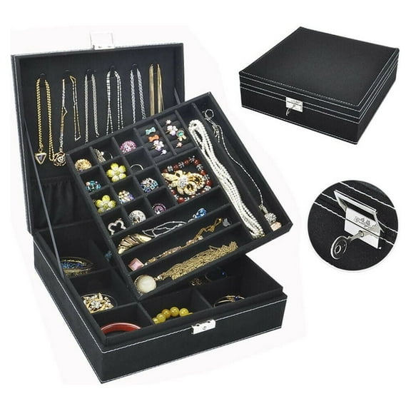 Two-Layer Lint Large Jewelry Box Organizer Display Storage case with Lock