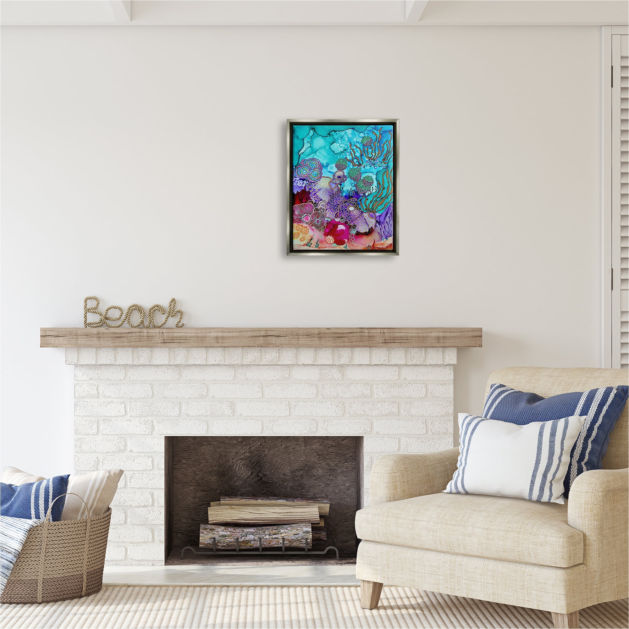 Stupell Industries Modern Coral Reef Abstract Painting Gray Floater Framed Canvas Art Print Wall Art, 17 x 21