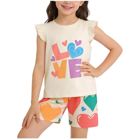 HVOBTTY Toddler Girl's Light Weight Print Cap Sleeve Tank Crew Neck Top Elastic Waist Short Pant 2 Piece Fashion Suits