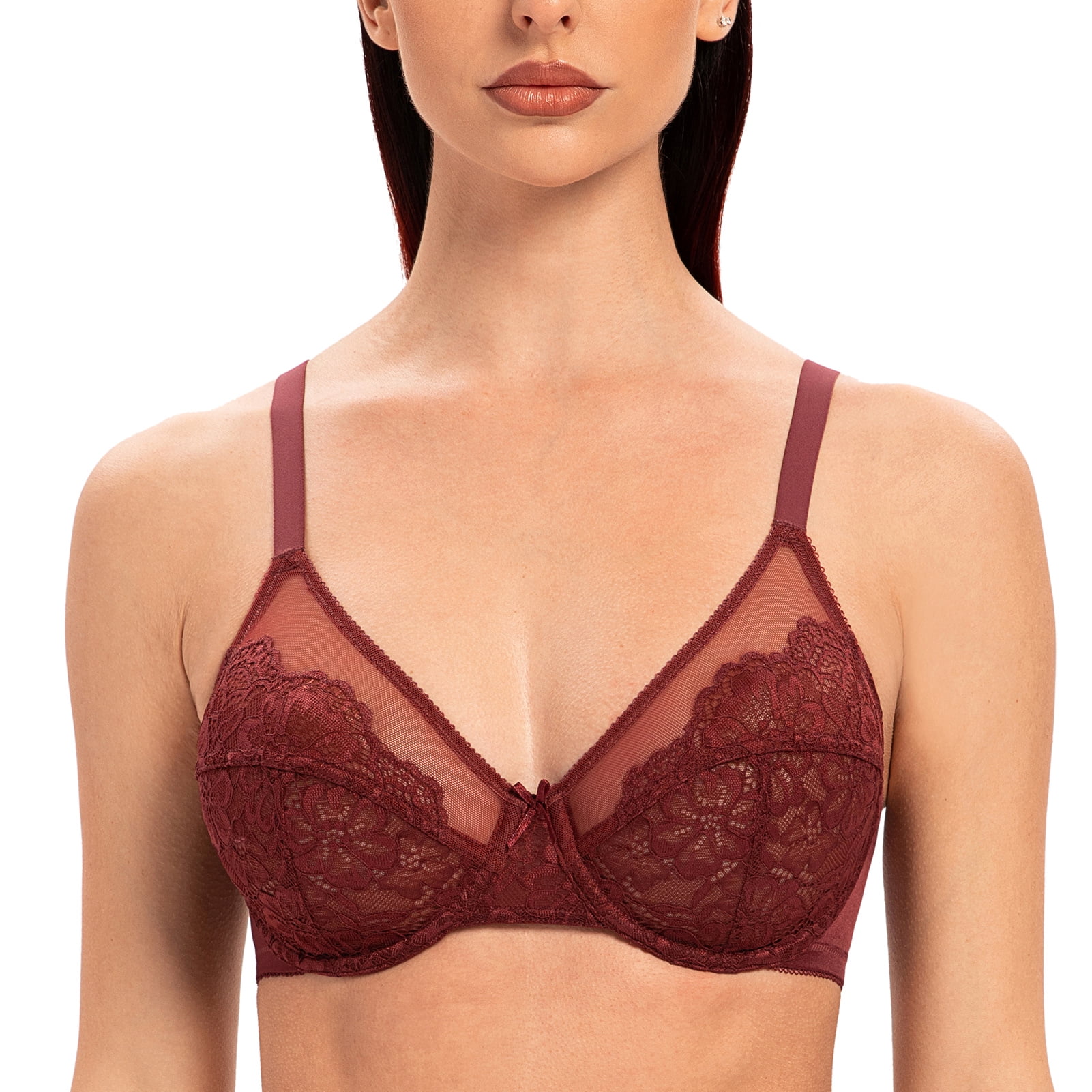 MELENECA Women's Full Coverage No Padding Plus Size Minimizer Underwire Bra Cabernet Red 38F