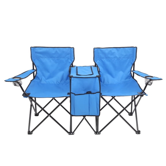 WDZS Double Camping Chair, 2-Person Portable Beach Chair w/Removable Umbrella, Cup Holders & Carrying Bag, Folding Loveseat Chairs for Adults Outdoor Picnic,Blue