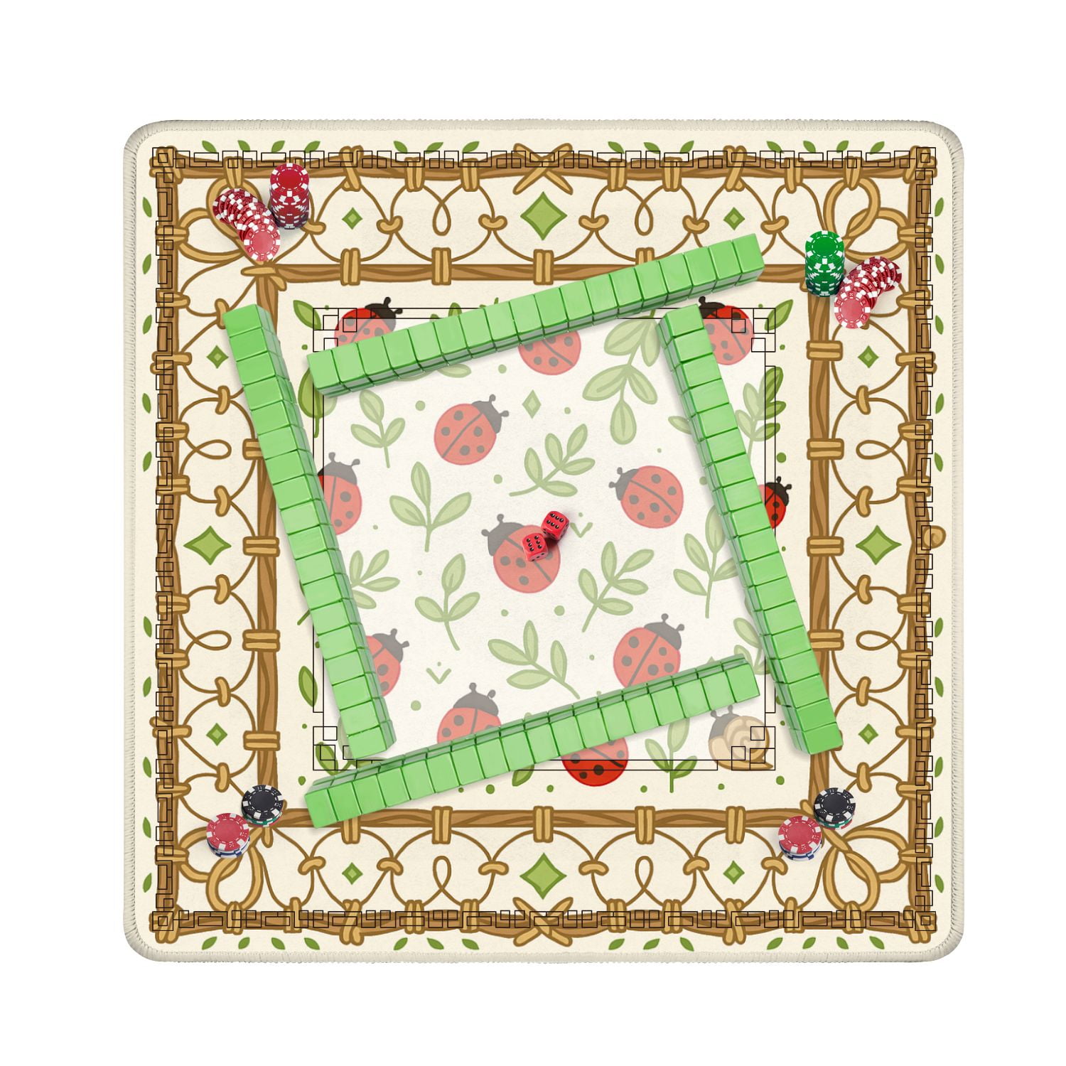 Mahjong Mat 31.5" x 31.5" Red Ladybugs Green Leaves Playful Nature Anti-Slip and Noise Reduction Symmetry Design Mahjong Tiles Table Cover for Dominoes Poker Card Board and Tile Games