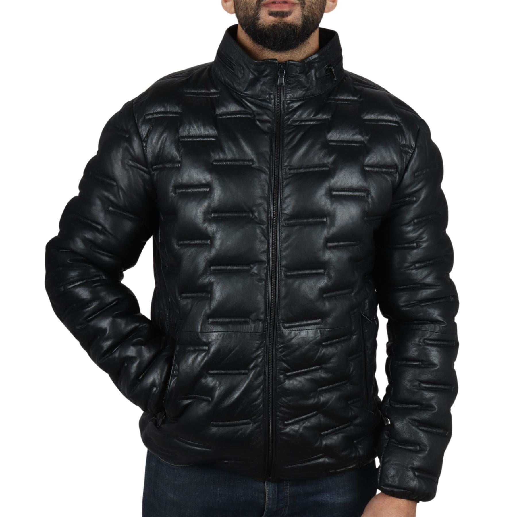 アウターその他 BADBLOOD BS leather puffer MA1 jacket black Men's Puffer Quilted Real Leather Waist Length Jacket