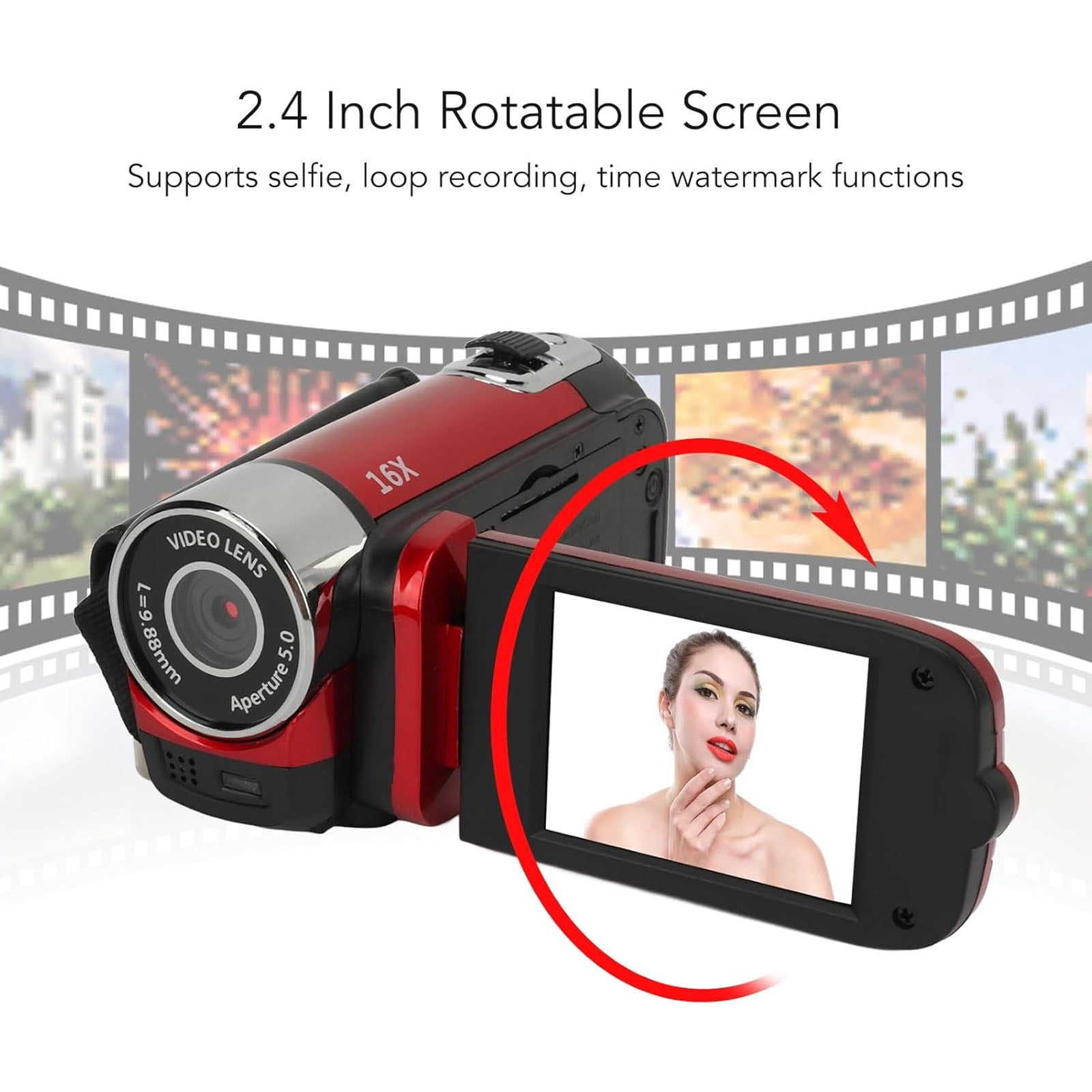 Portable Full HD 1080P High Definition Digital Video Camera, DV Camcorder Camera Recorder, 16MP 2.7 Inch LCD Screen 16X Digital Zoom, 270° Rotation, Red