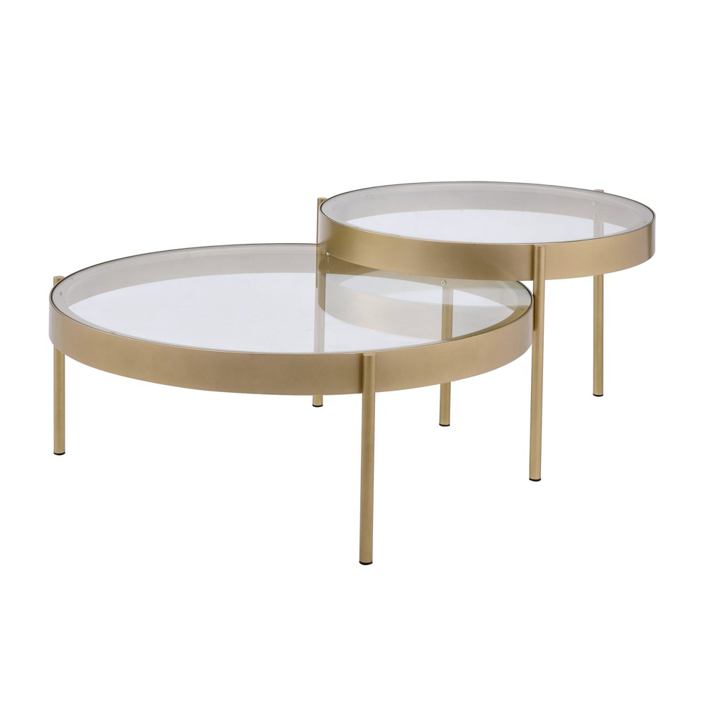 Contemporary Metal and Glass Round Nesting Table, Set of 2, Gold and