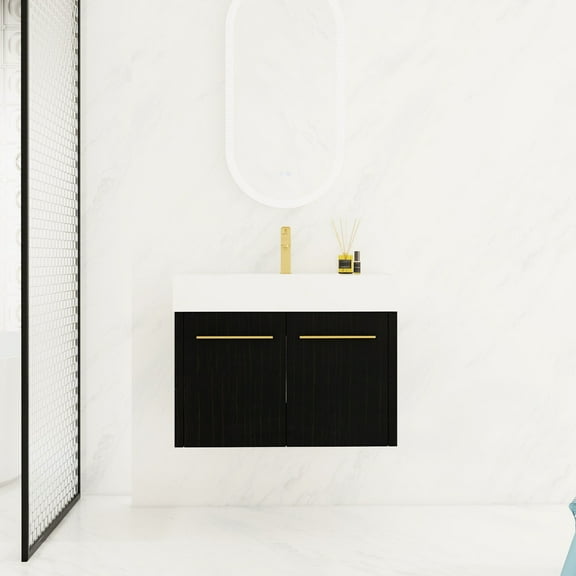 30 Inch Bathroom Vanity With Sink, Wall Mounted Design, Black Chestnut Finish, Thick Resin Basin, Door, Accessory 30" Style, Smooth Modern