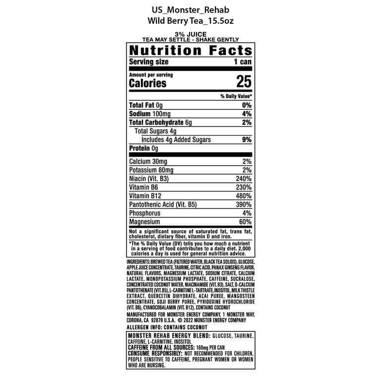 Monster Rehab Wild Berry Tea Energy Drink, 16 oz, 15 Pack photo 5