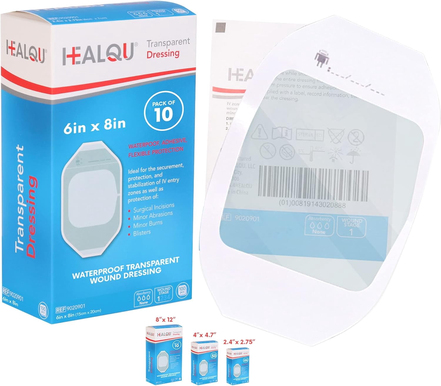 HEALQU Transparent Film Dressing - 6" x 8", Pack of 10 - Waterproof Adhesive Wound Bandages for Surgery, IV Protection, Tattoo Aftercare, Shower Safe