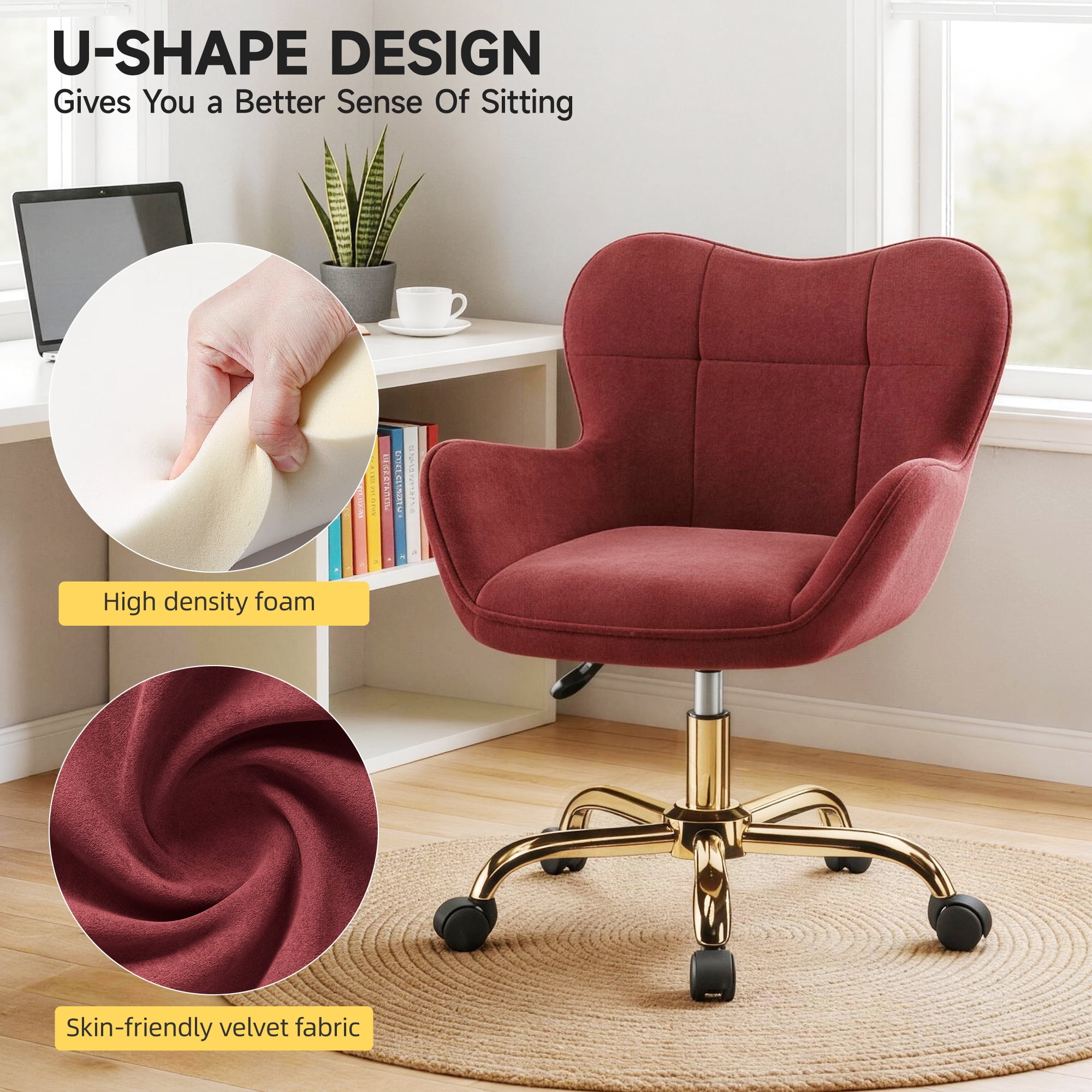 COOHUT Velvet Vanity Chair, Mackup Chair with Wheels, Comfy Swivel Modern Leisure Armchair for Girls Women, Small Office Chair Height Adjustable for Living Room, Bedroom, Offic, Rose Red