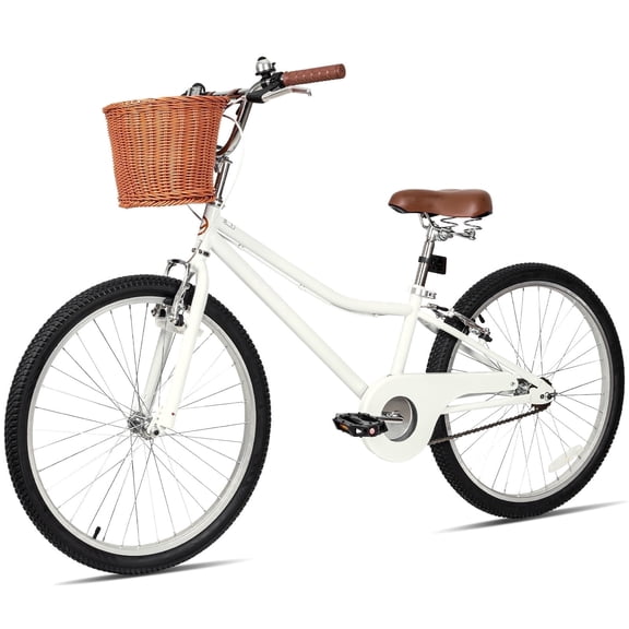 Hykolity Kids Bike 24 Inch for 8-14 Years Old Girls Bicycle with Basket and Kickstand, Tween Retro Style Childrens Bike for Teen Girls, White
