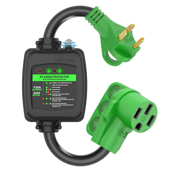 RVGUARD Surge Protector 30 Amp to 50 Amp RV Adapter Cord with Overload Protection, NEMA TT-30P to NEMA 14-50R Electrical Power Adapter, 2 Feet, Green, ETL Listed