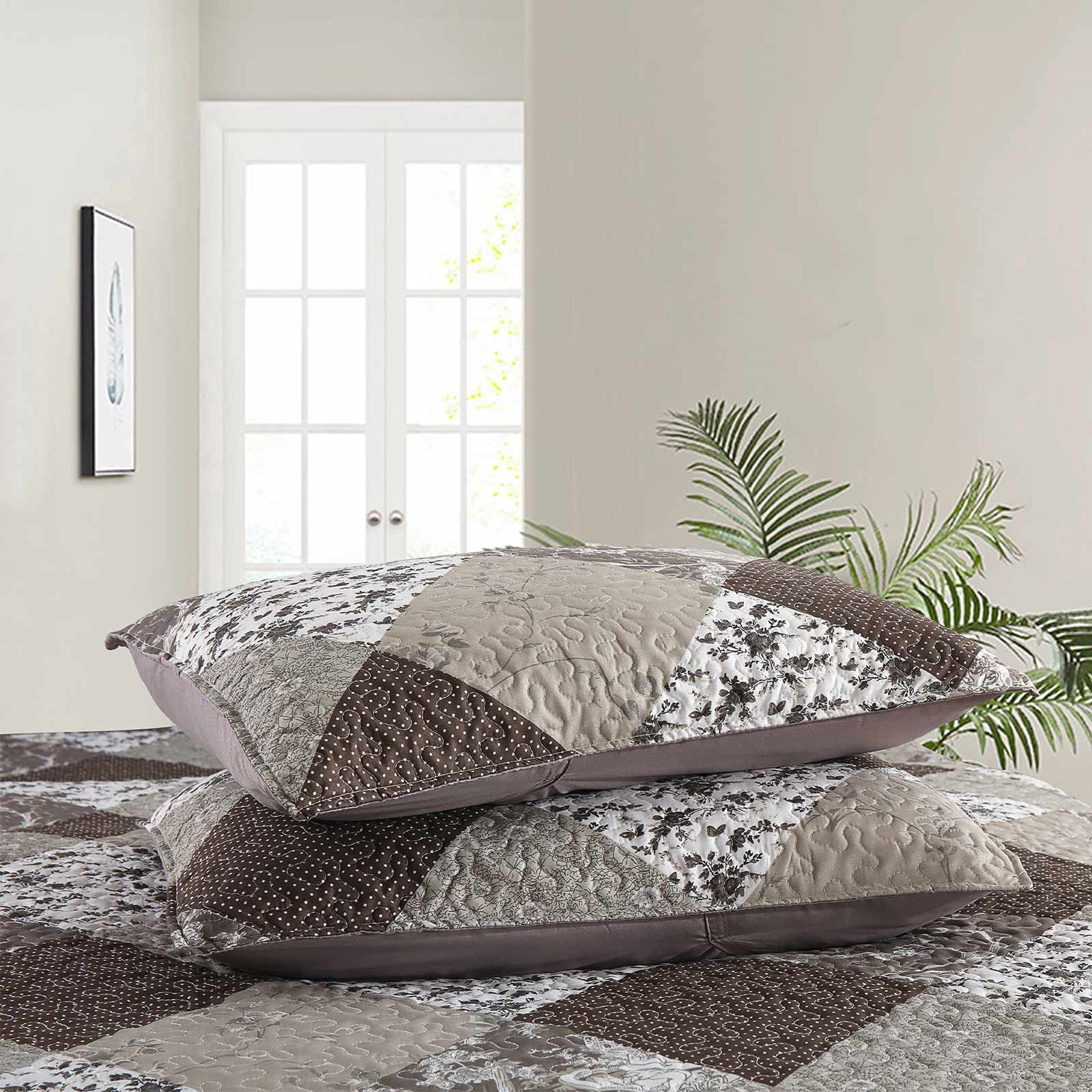 Queen Size Quilt Sets, Greagle 3-Piece Soft Warm Lightweight Bedspread Machine Washable Summer Quilt Bedding Set with Pillow Shams, Brown Plaid Patchwork Print, 90"x90"