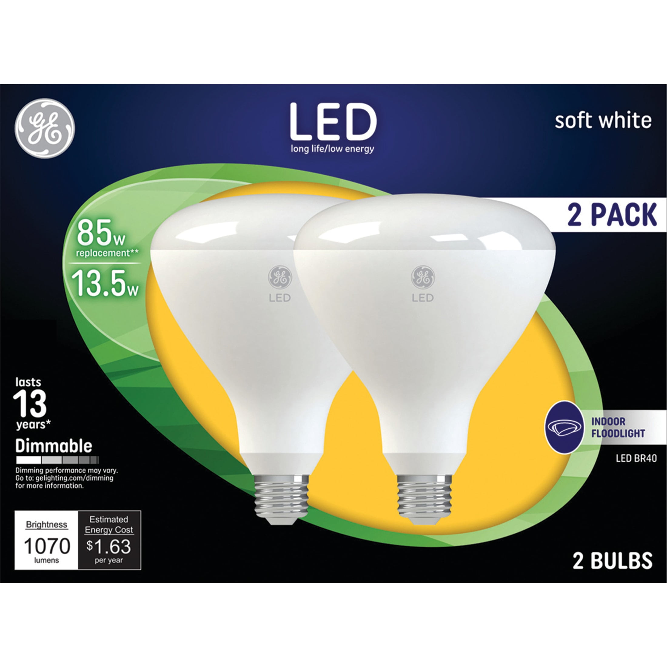 (2 pack) GE LED Light Bulbs, 85 Watt, Soft White, BR40 Floodlights, Medium Base, Frosted Finish, 13yr, 2pk