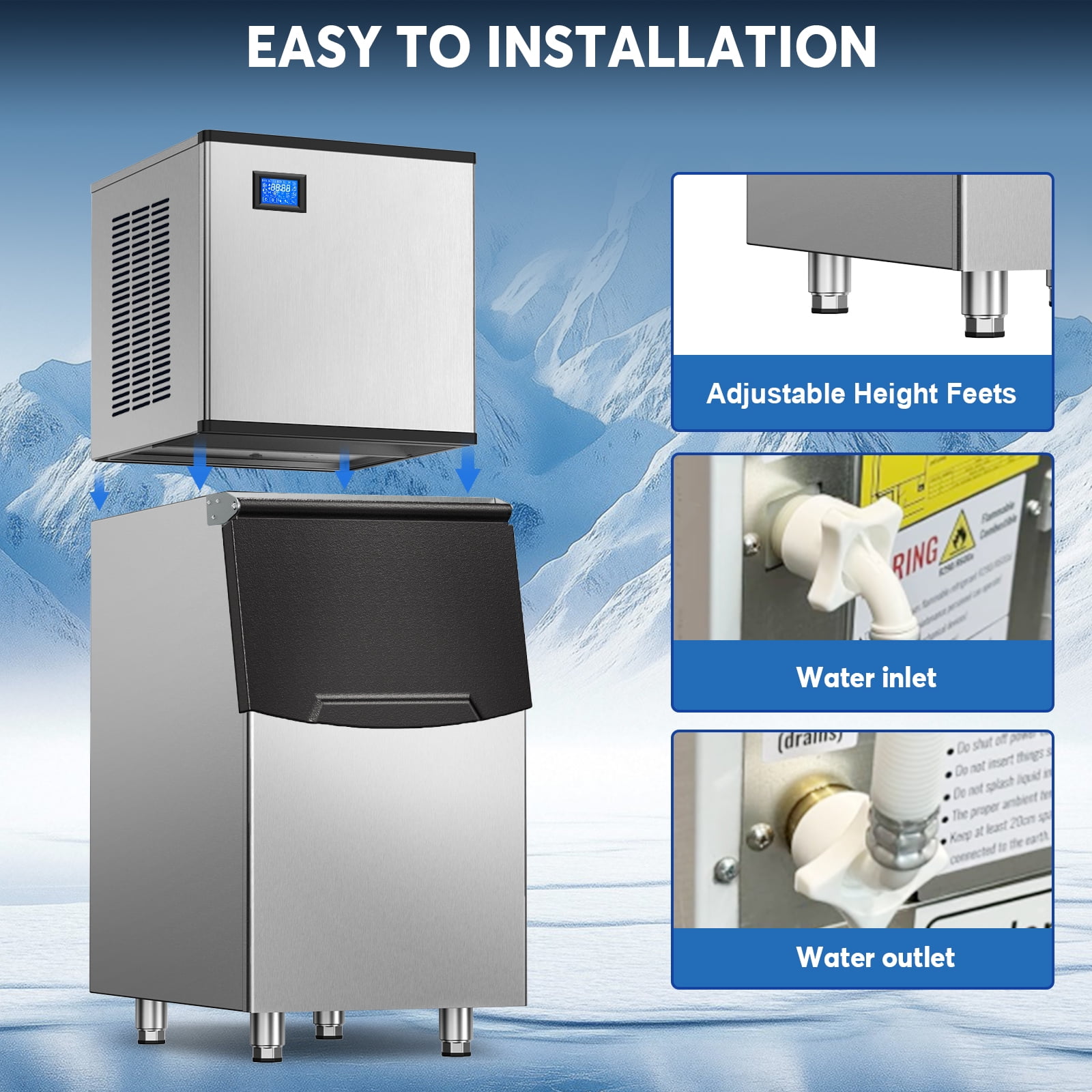 TITTLA 500 lbs/24-Hours Split Commercial Freestanding Ice Maker in Silver Industrial Ice Machine, 300Lbs Storage, Ice Ready in 11-20min Two packages 182 Ice Cubes/Cycle
