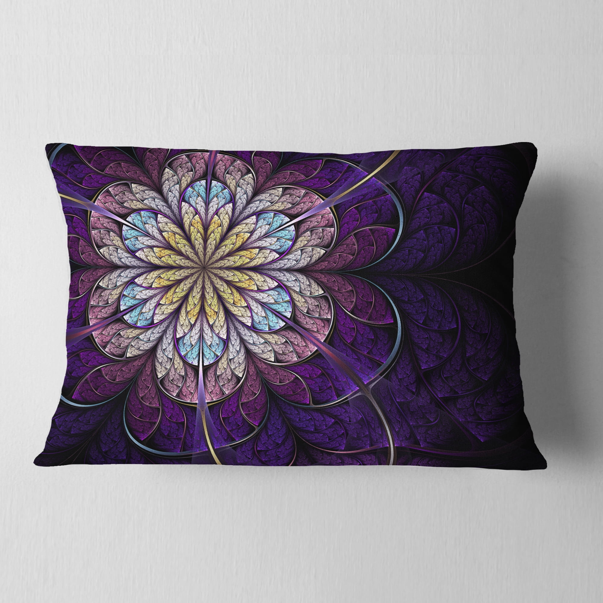 Designart 12" x 20" Contemporary and Modern Purple Fractal and Flower Polyester Throw Pillow