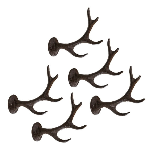 Set Of 5 Cast Iron Western Rustic Stag Deer Crown Antler Wall Coat Keys Hooks