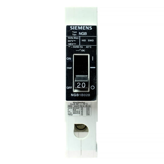 Siemens NGB1B020B Type NGB Circuit Breaker, 20A, 1-Pole, 125/250V